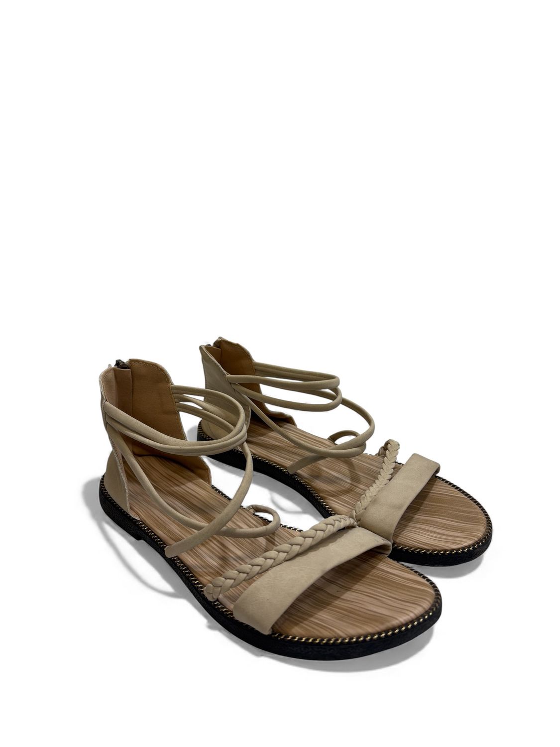 Braided Detail Ankle Strap Gladiator Sandals in a light beige/khaki color