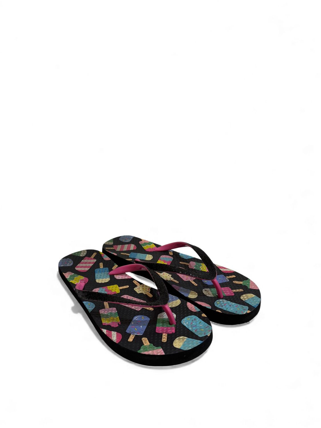 Flip-flops with a Black sole Featuring a Colorful Popsicle Pattern and Pink straps