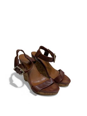 Calvin Klein Brown Leather Platform Wedge Sandals