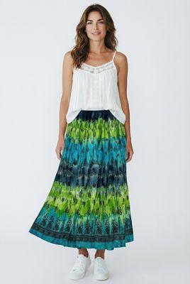 Boho Maxi Skirt with a Tie-dye Print in Shades of Green and Blue