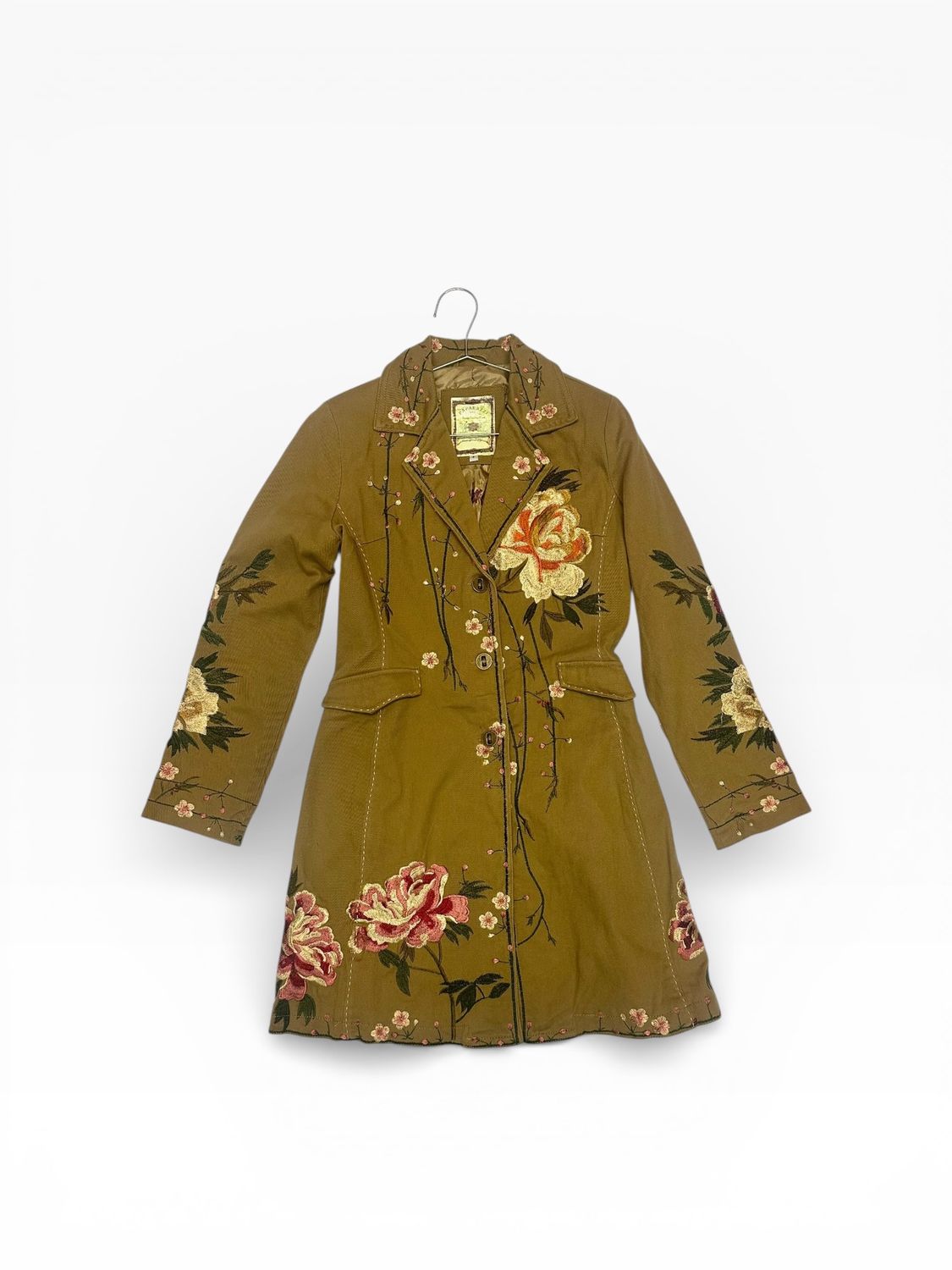 Paparazzi Taupe Floral Embroidered Boho Button Down Long Line Jacket