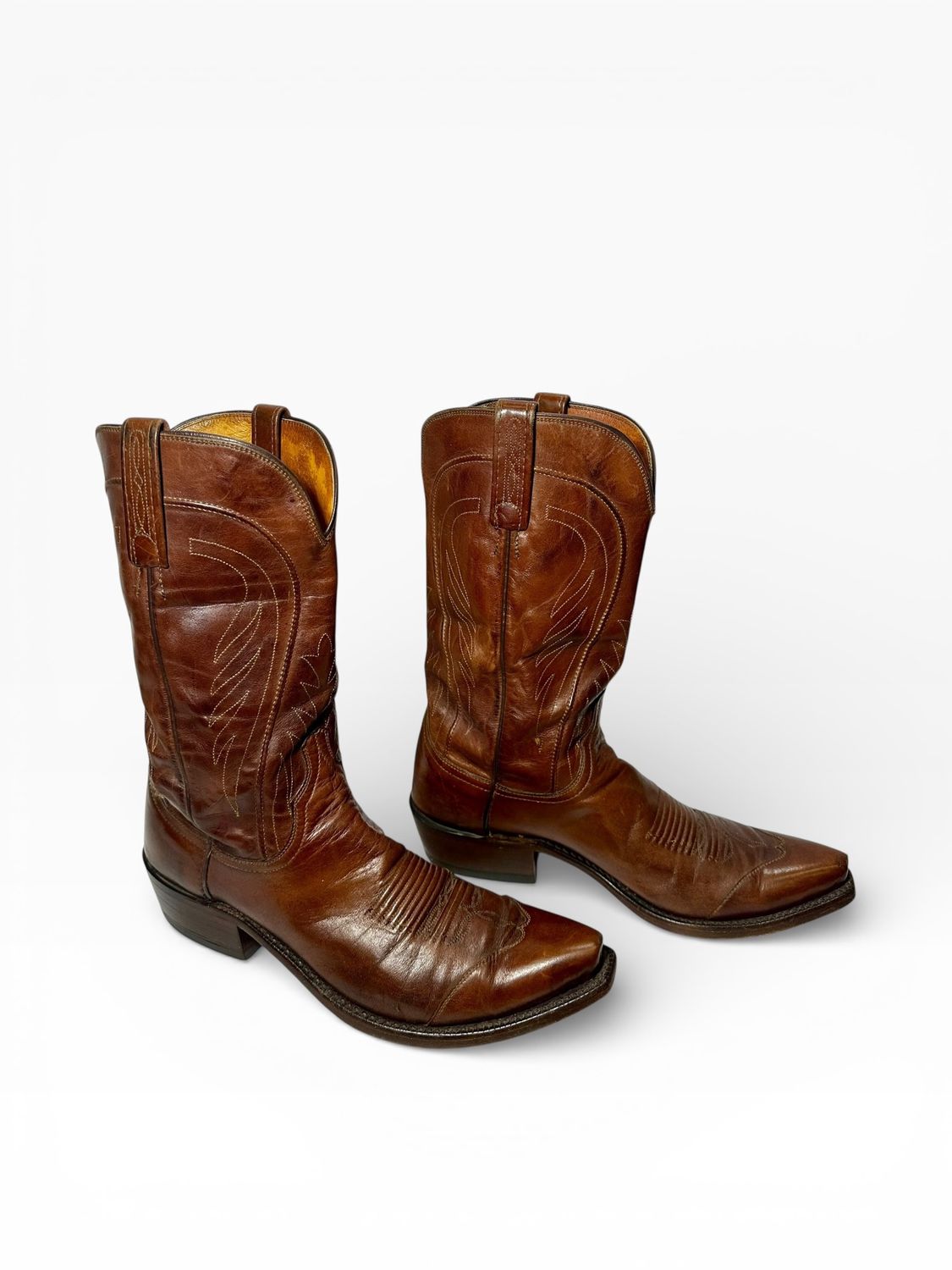 Vintage Lucchese Brown Leather Western Cowboy Boots with a Stitched flame design