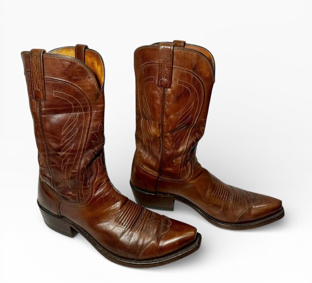 Vintage Lucchese Brown Leather Western Cowboy Boots with a Stitched flame design