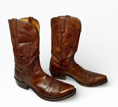 Vintage Lucchese Brown Leather Western Cowboy Boots with a Stitched flame design