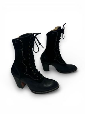 John Fluevog Another Day Monday Western Black Suede Leather Lace Up Roper Boots