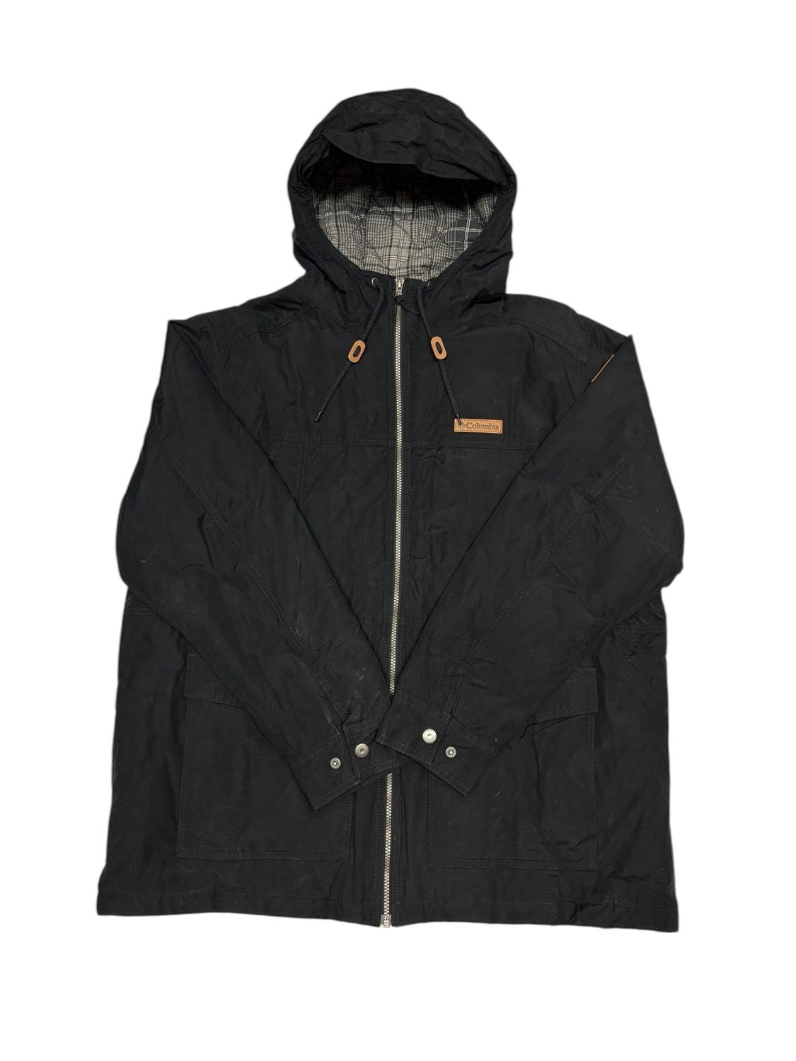 Columbia Black Hooded Jacket with A Plaid Inner Lining