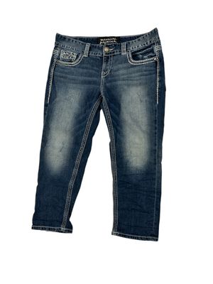 Maurices Premium Cropped Denim Blue Jeans with Embroidered Accents.