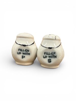 Vintage Ceramic “Fill-er Up with S/P” Salt and Pepper Shakers