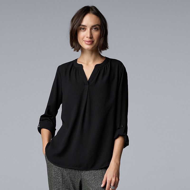 Black Petite Simply Vera Vera Wang Pockets Roll Tab Popover Blouse