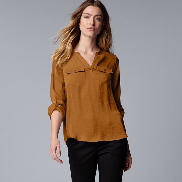 Deep Cognac Petite Simply Vera Vera Wang Pockets Roll Tab Popover Blouse