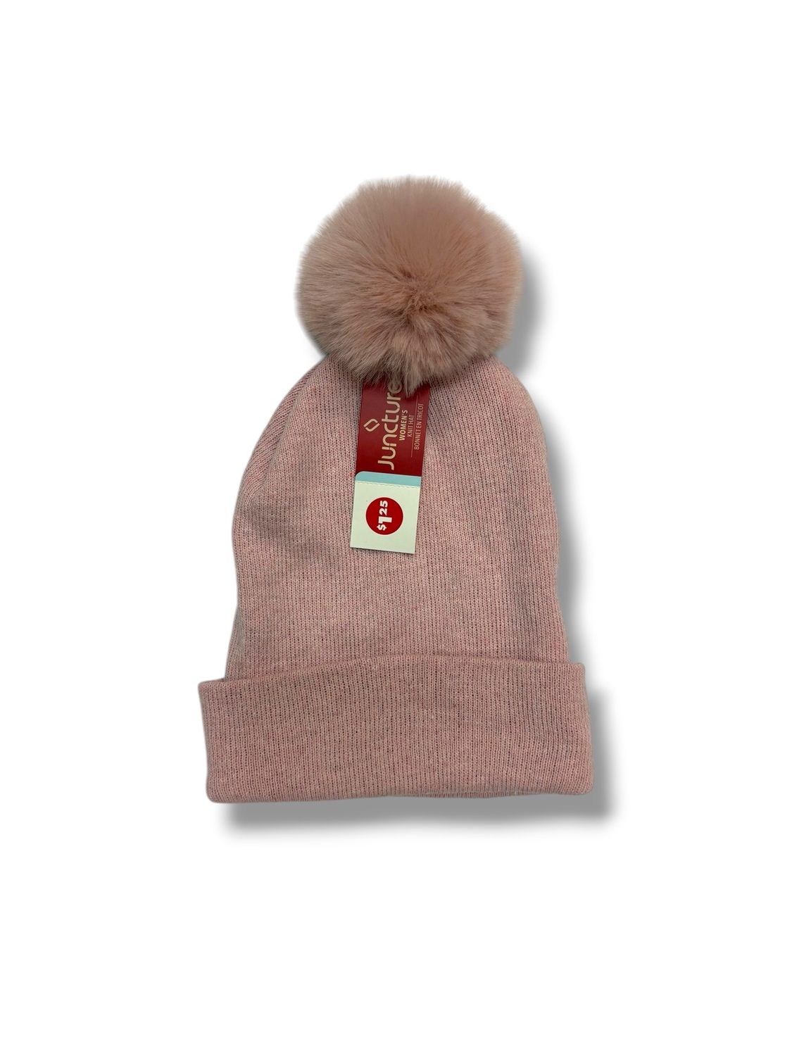 Juncture Pink Knit Beanie with Faux Fur Pom-Pom