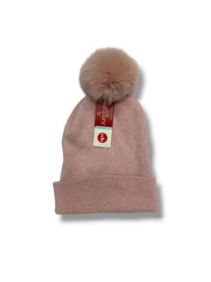 Juncture Pink Knit Beanie with Faux Fur Pom-Pom