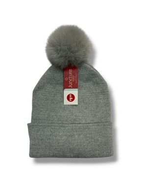 Juncture Gray Knit Beanie with Faux Fur Pom-Pom