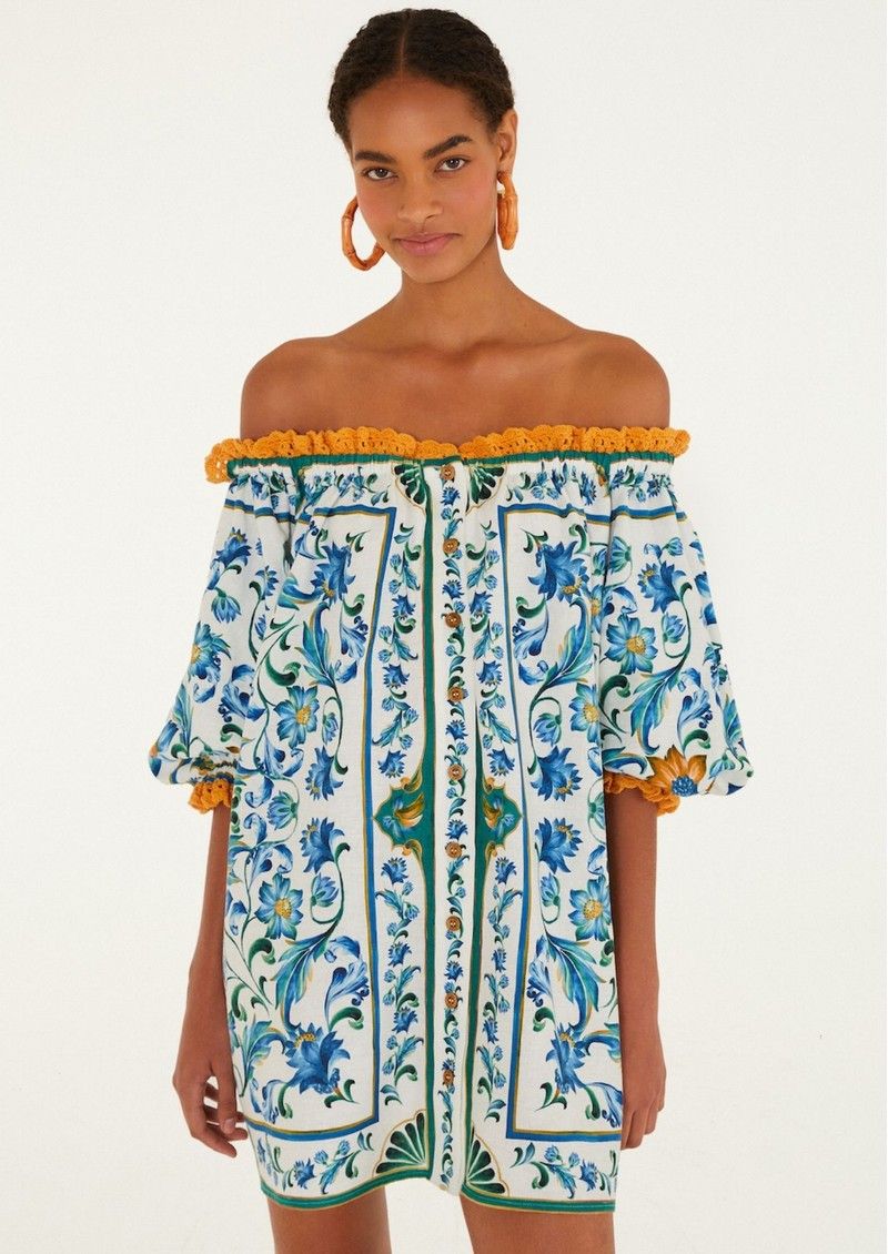 Farm Rio Flora Tile Off White Mini Dress