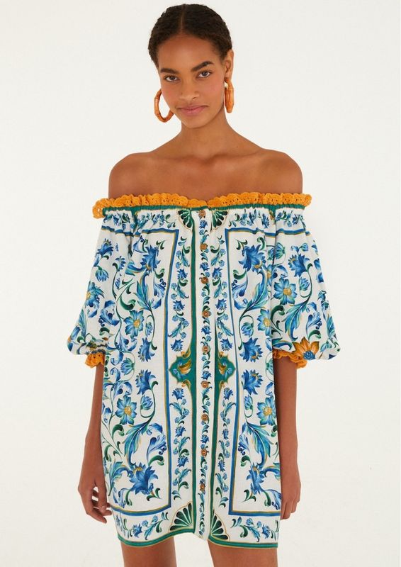 Farm Rio Flora Tile Off White Mini Dress