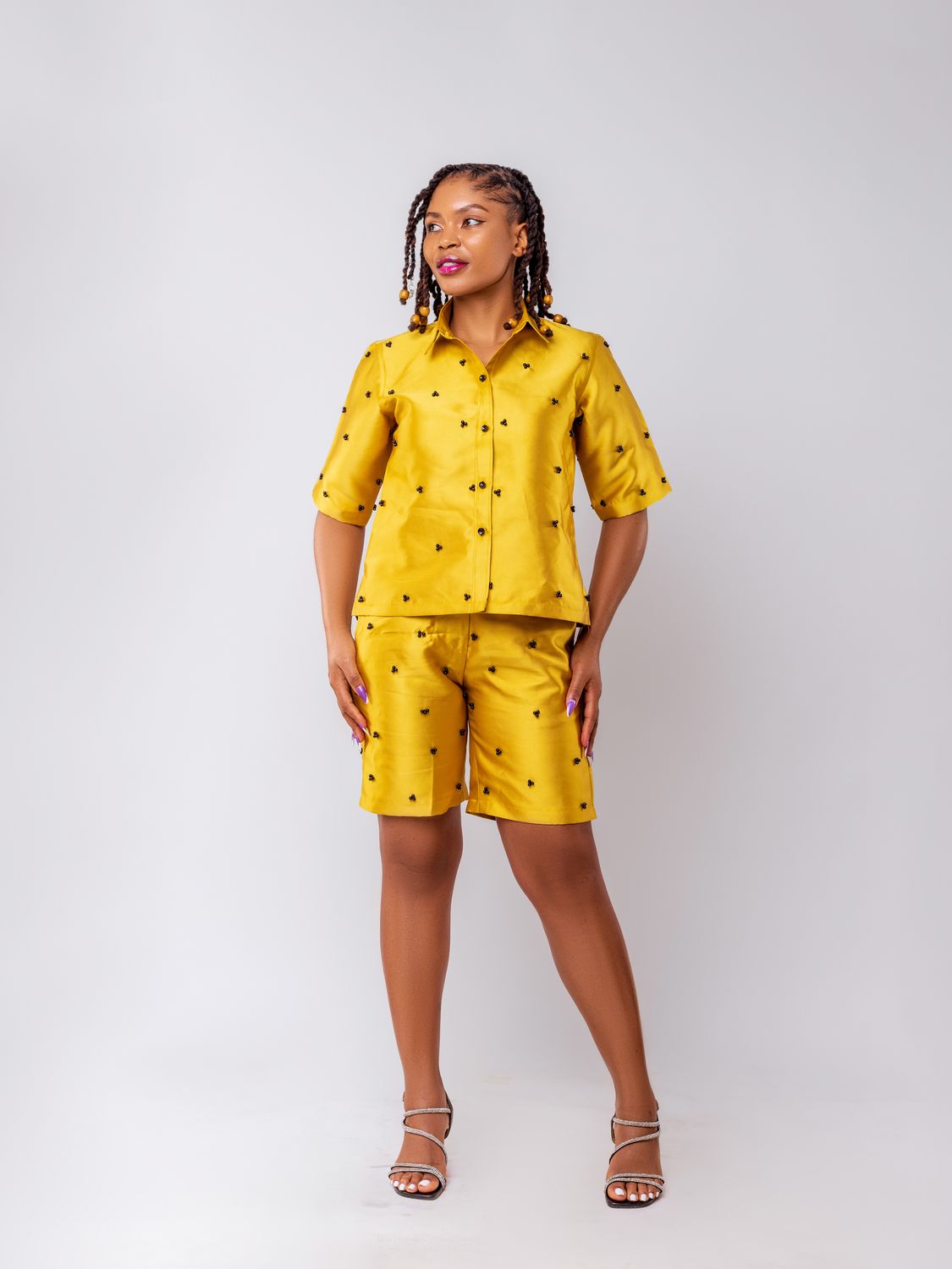 Marigold Bead Embellished Shirt &amp; Shorts Set