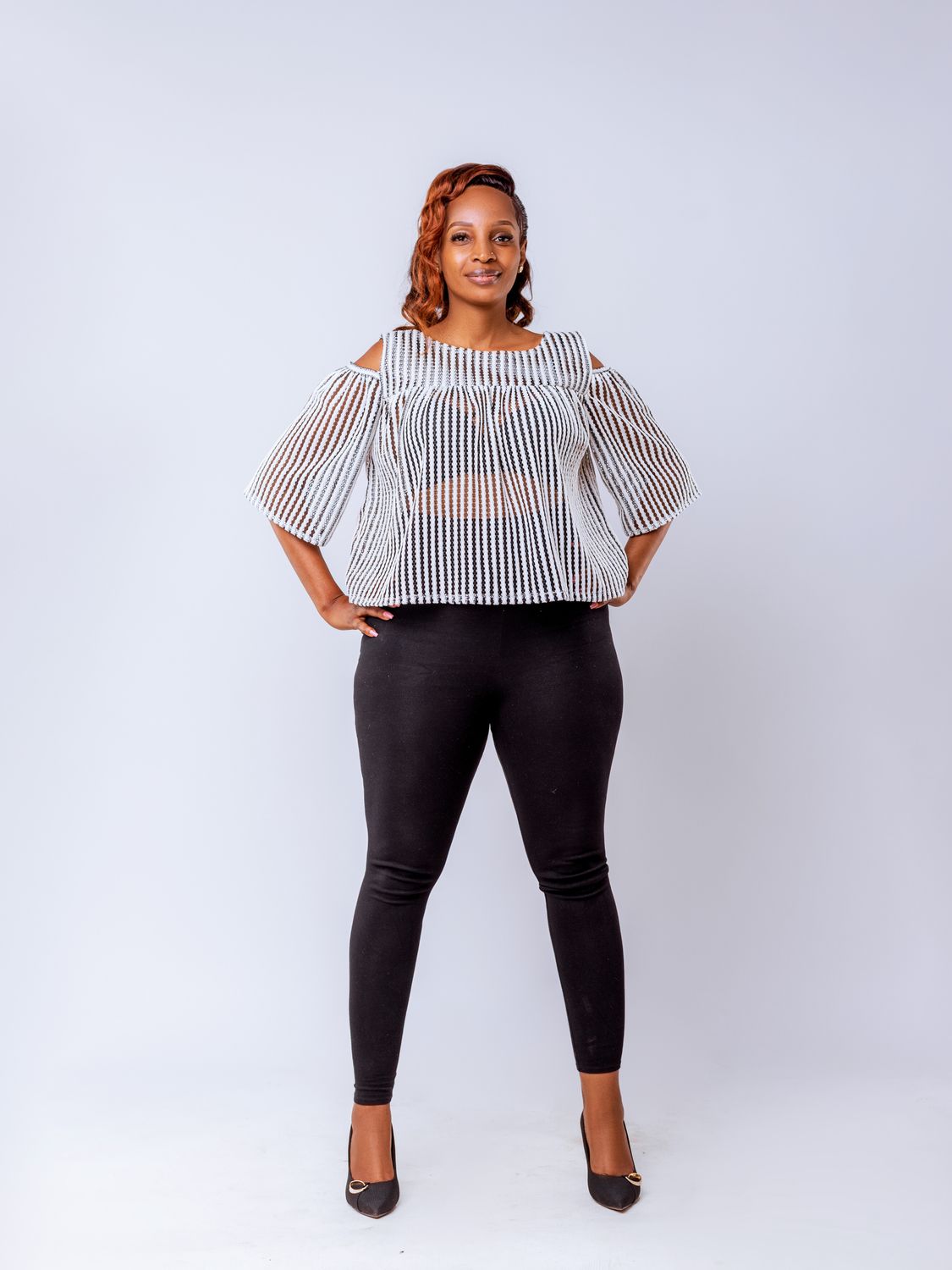 Striped Cold-Shoulder Lace Blouse