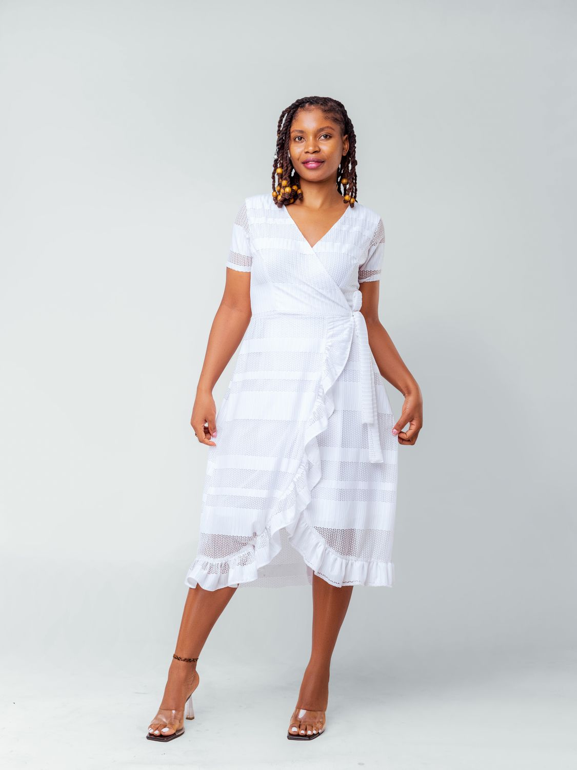 White Ruffle Maxi Dress with Mesh Detail