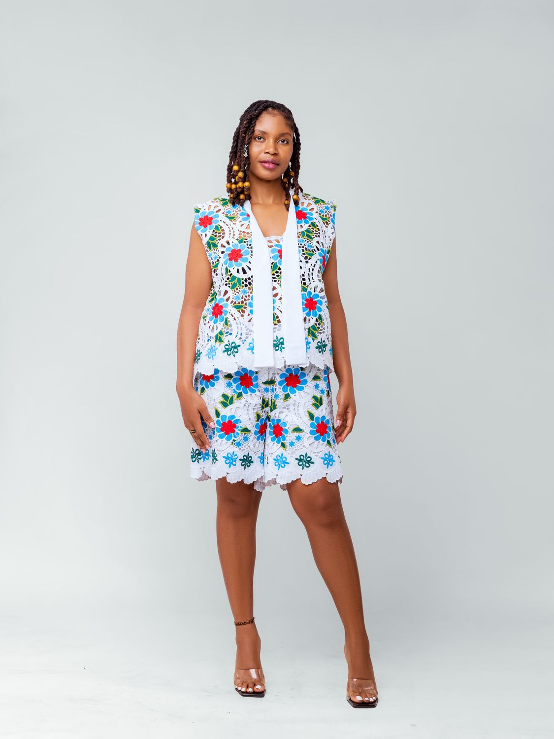 Floral Cutwork Lace Set with Silk Bow