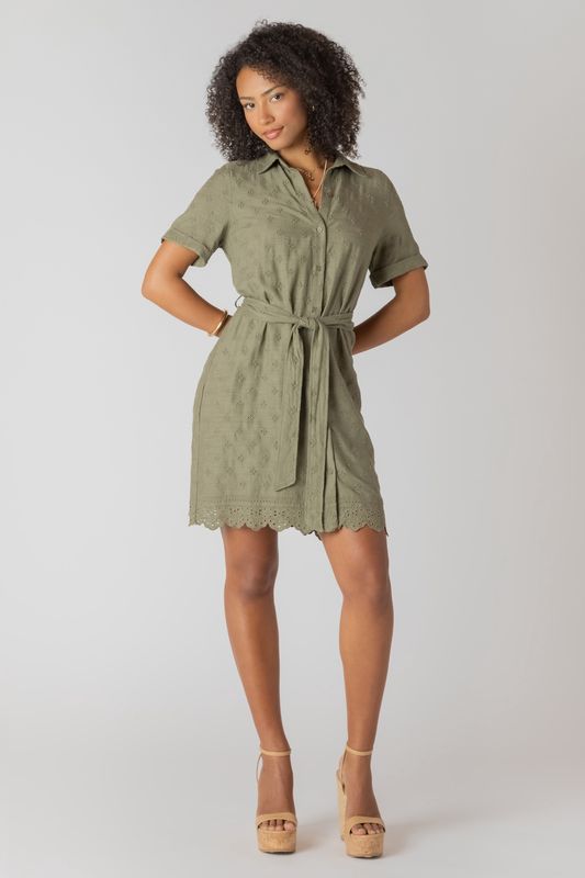 LINEN SS BELTED EYELET HEM MINI SHIRT DRESS