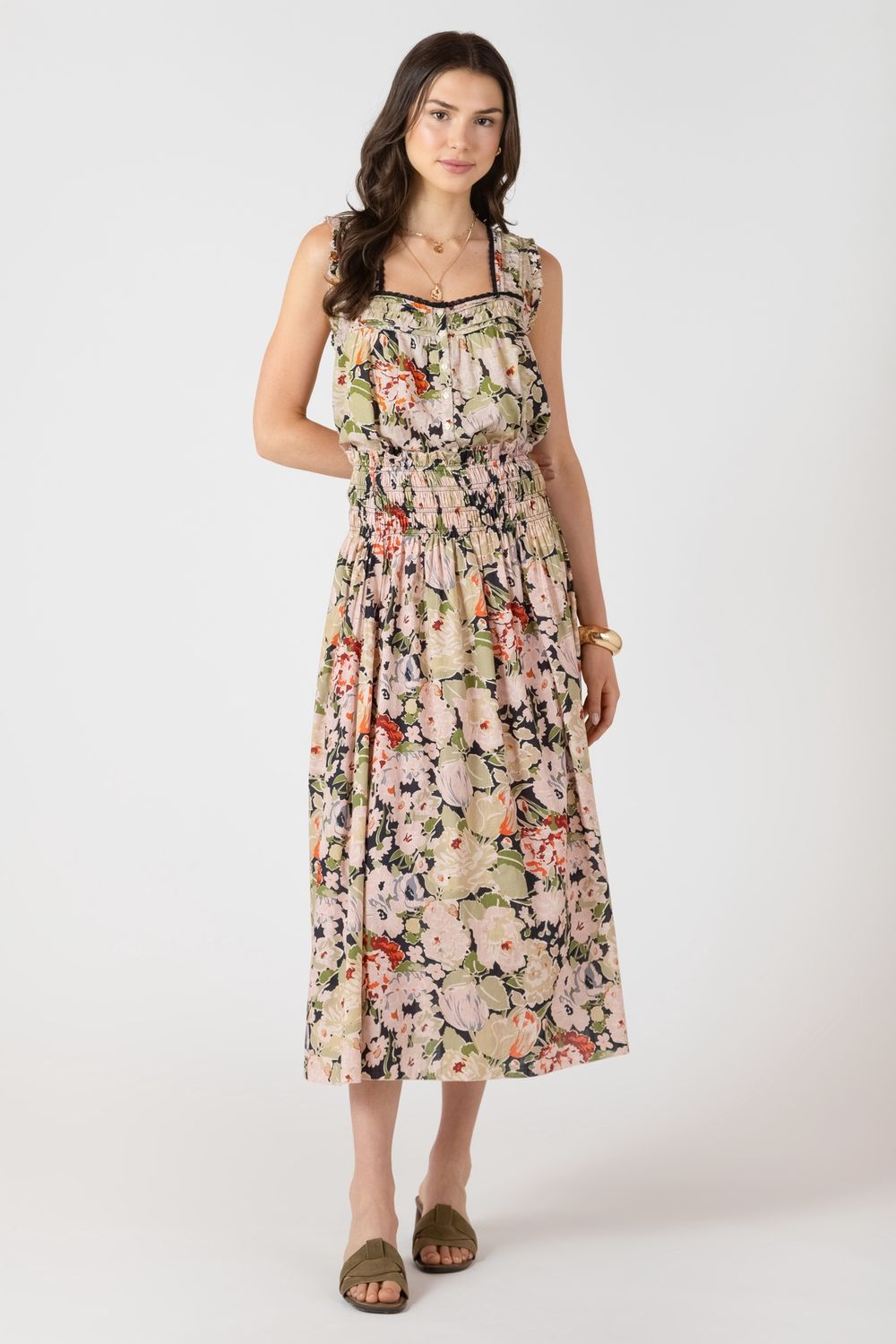 SMOCKED WAIST MIDI SKIRT