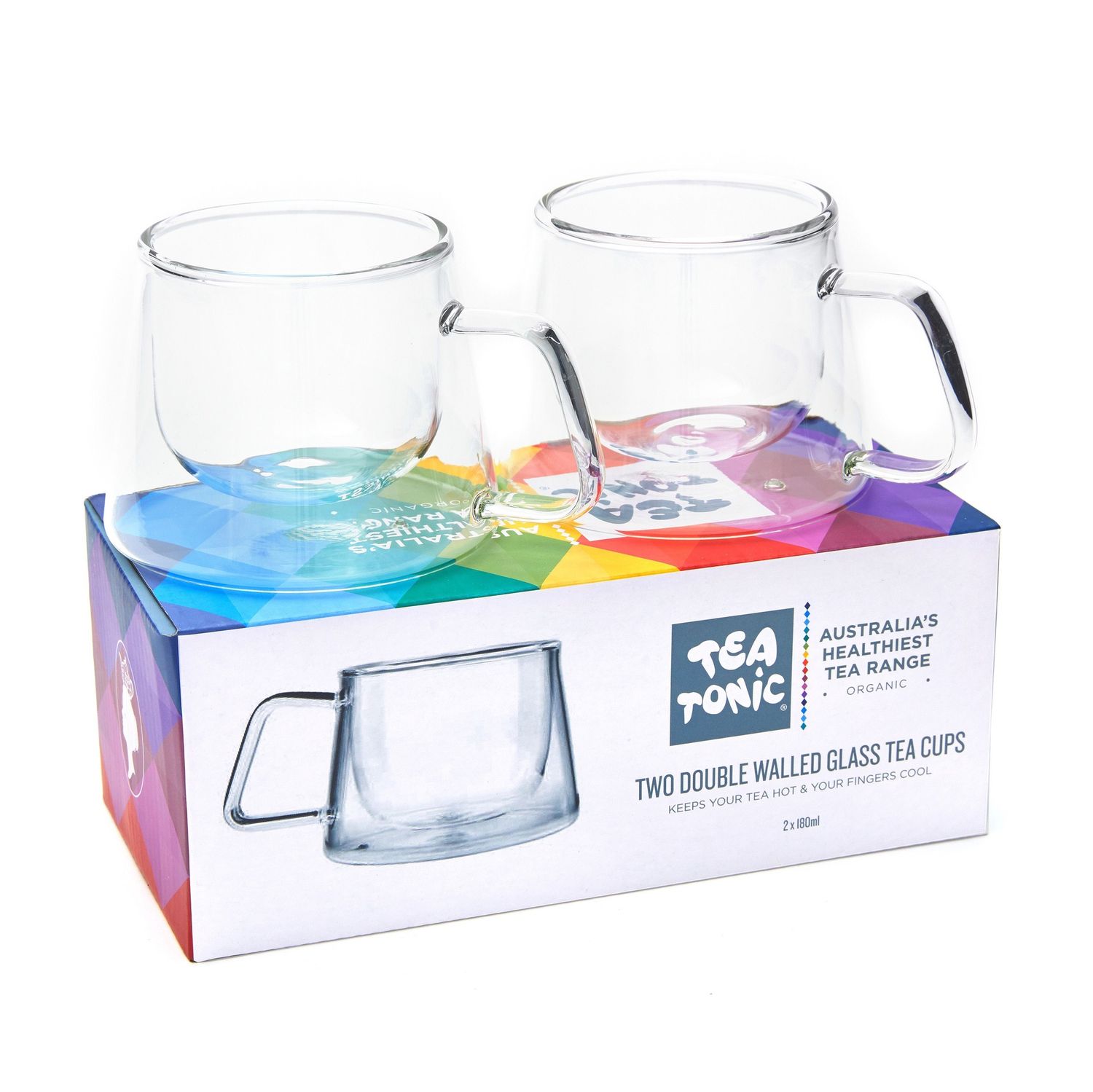 TT Two Double Walled Glass Tea Cups - Square Handle