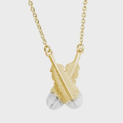 Huia Crossed Feather Necklace - Gold with Silver tips