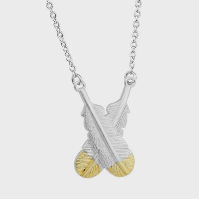 Huia Crossed Feather Necklace - Silver with Gold tips