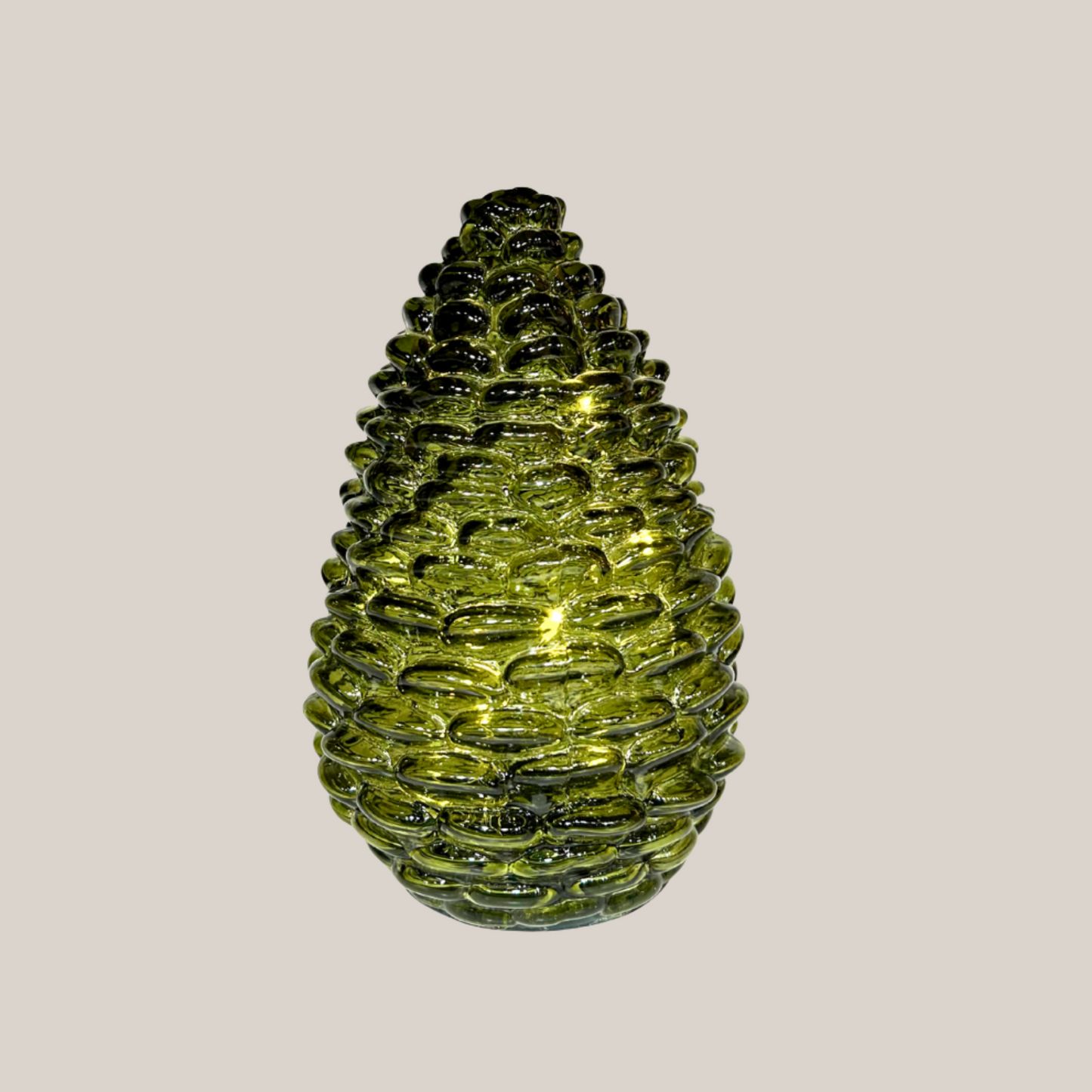 Glass Pinecone 15cm w Lights in Green