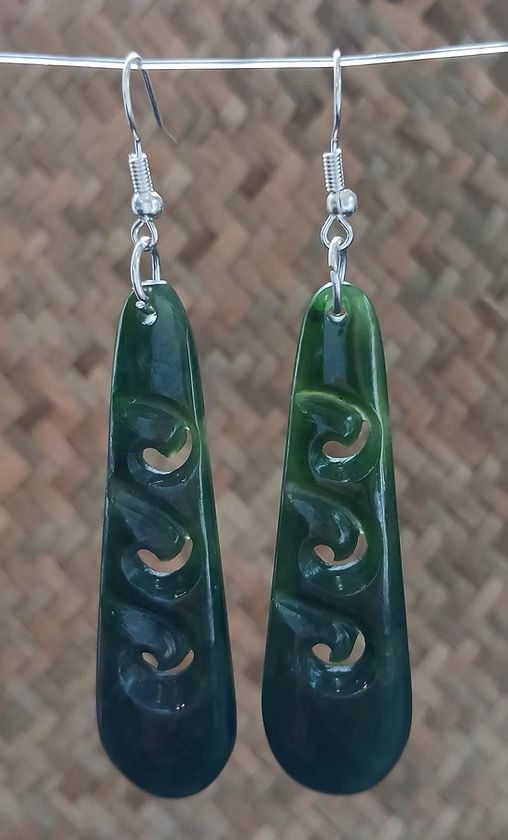 New Zealand Greenstone - Drop Earrings 3 Koru 60mm