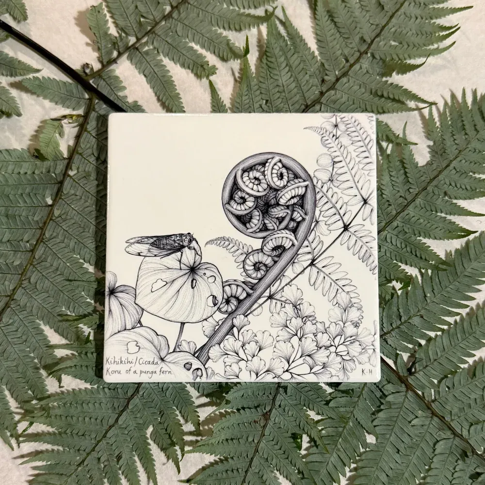 Katy Hayward Coaster - Kihikihi / Cicada &amp; Koru of a Punga Fern