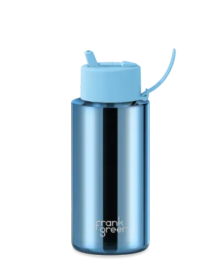 1L Chrome Bottle with Flip Straw Lid - Chrome Light Blue / Sky Blue