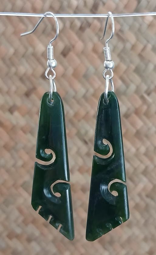 New Zealand Greenstone - Angled Earrings Koru 55mm