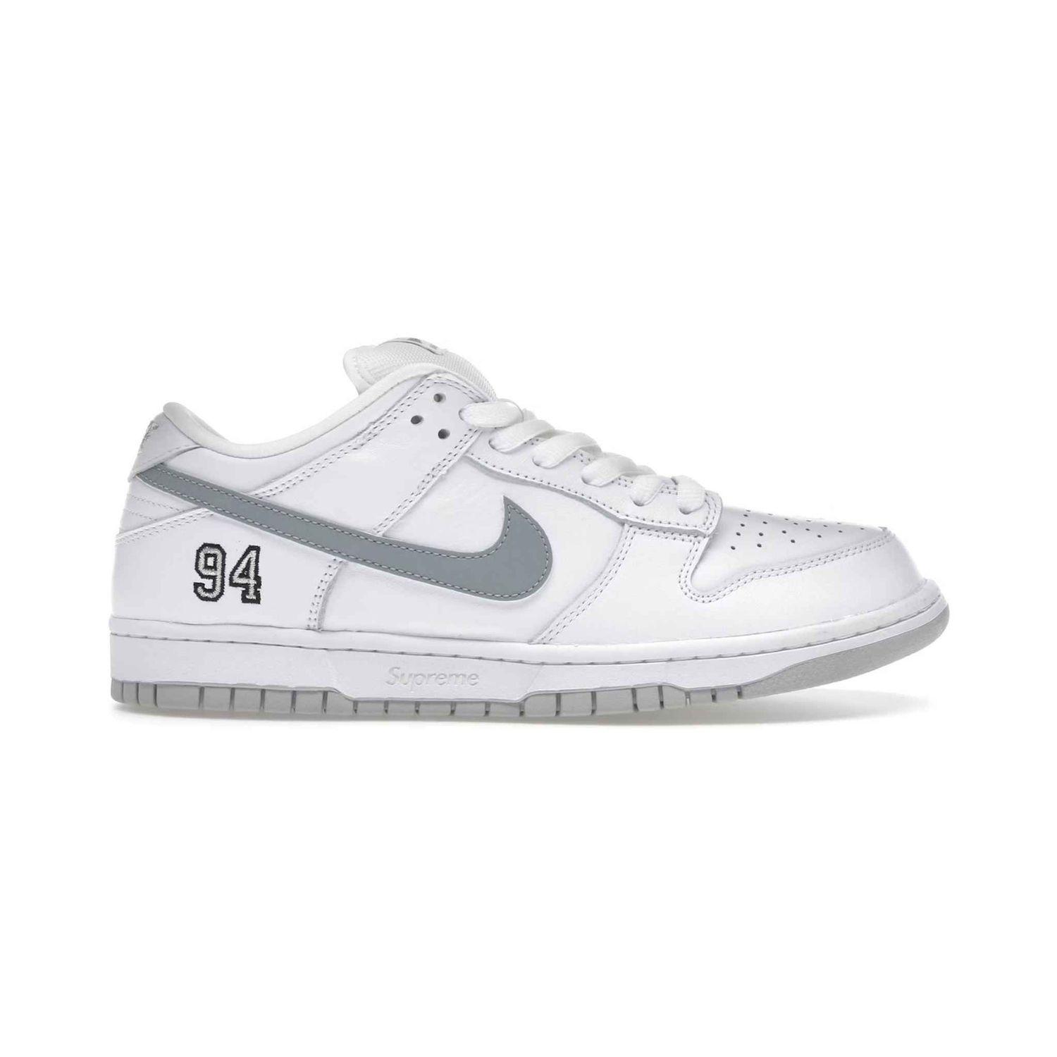 Supreme x Nike SB Dunk Low White/Metallic Silver Shoes 9.5