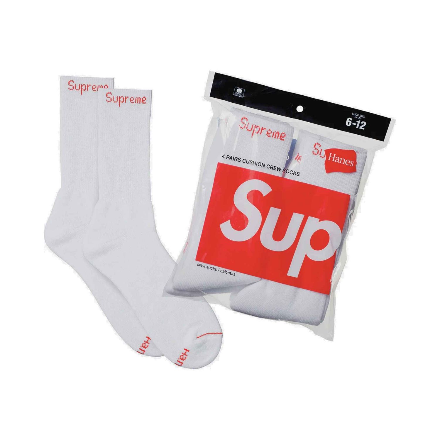 Supreme/Hanes Crew Socks White ( 4 pack ) O/S