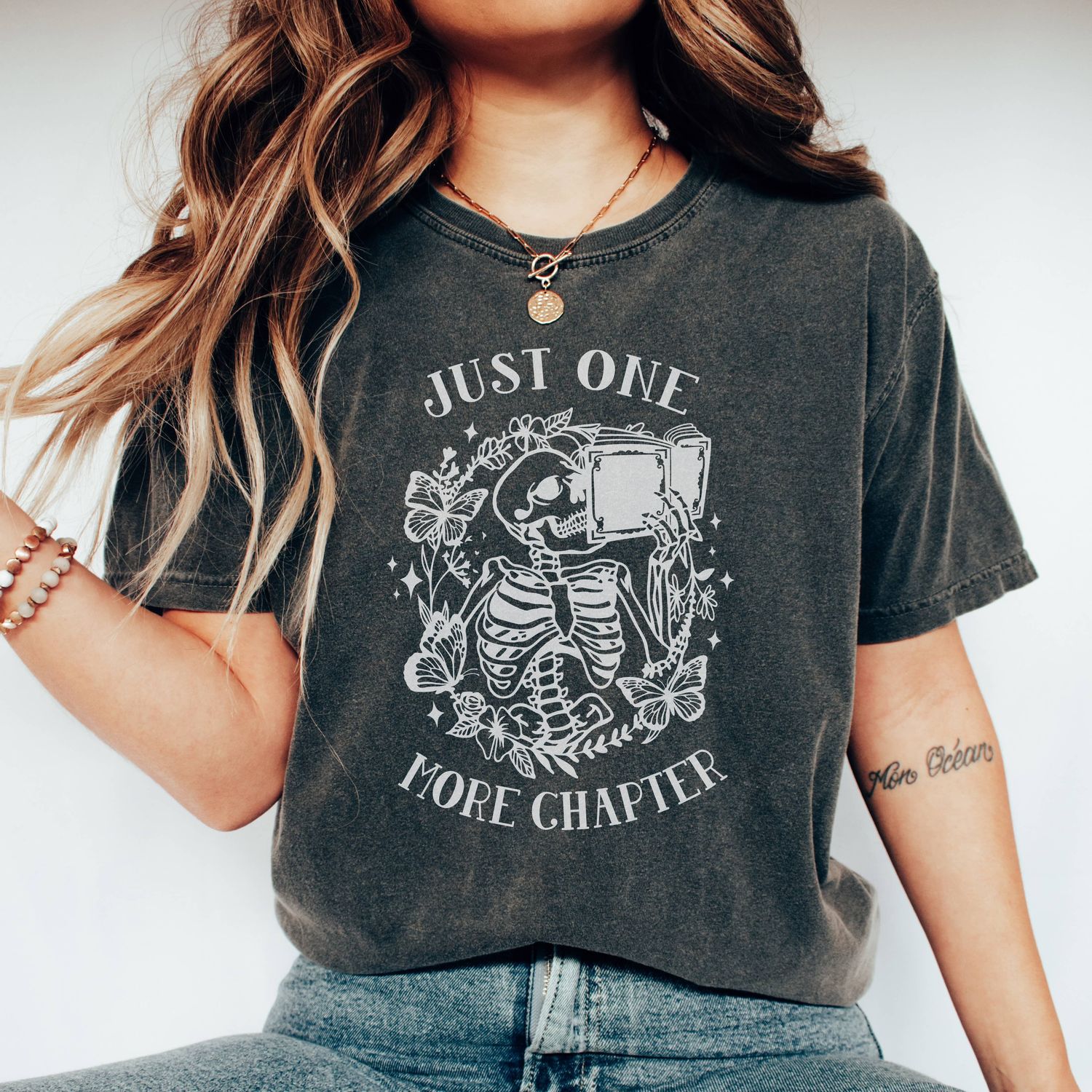 Just One More Chapter Book Graphic Shirt, Skeleton T Shirt, Size: Small