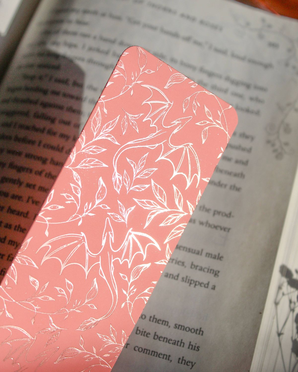 Rose Gold Foil &amp; Coral Floral Dragons Bookmark | Soft Touch