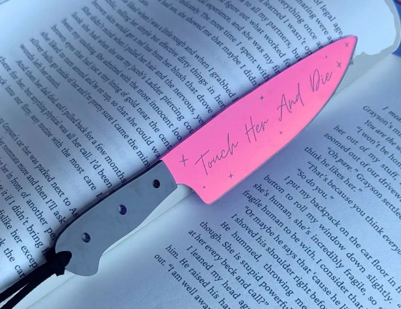Pink Mirrored Acrylic “Touch Her And Die” Knife Bookmark