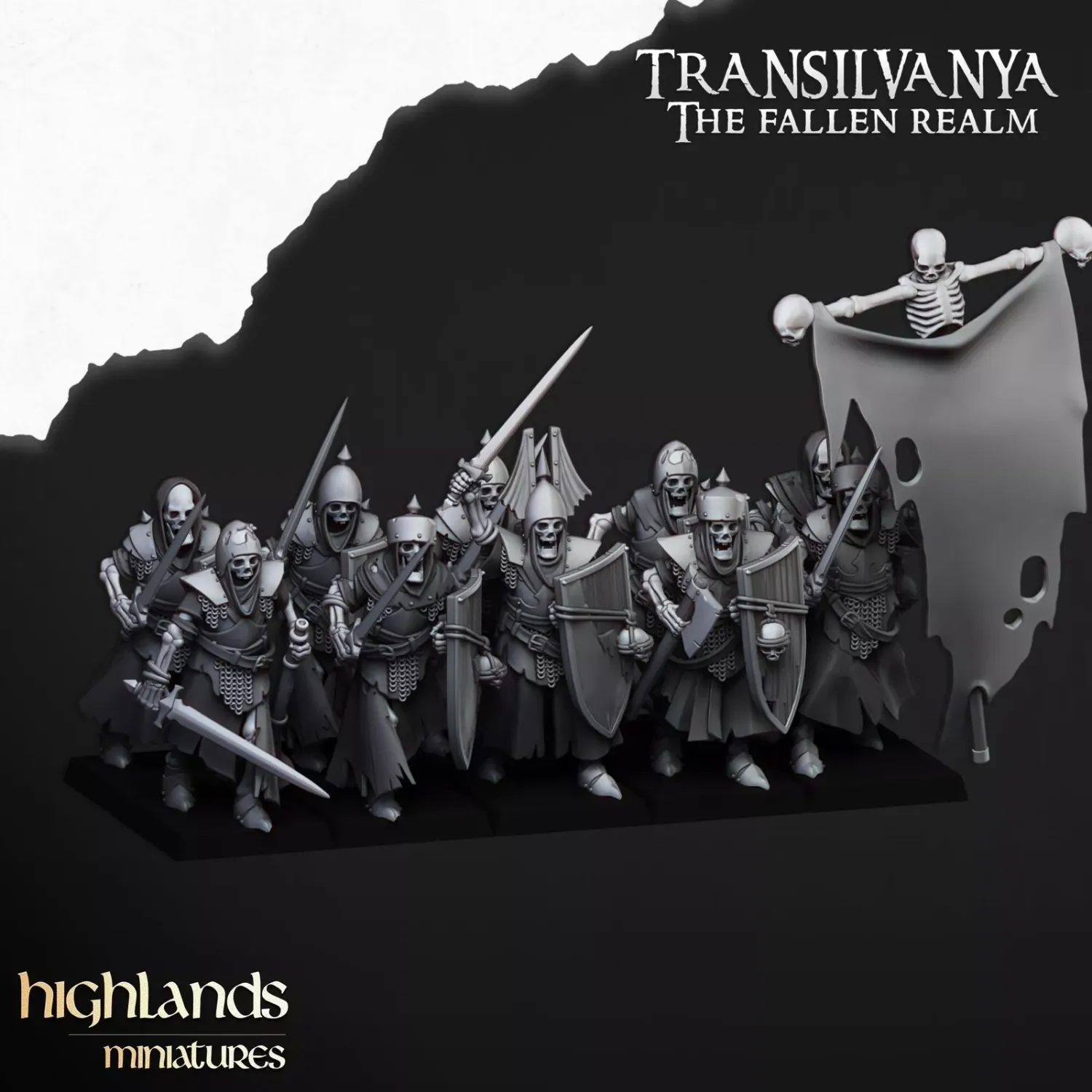 Skeletal Guard with Hand Weapon and Shields   - Highlands Miniatures -  Transilvanya - The Fallen Realm