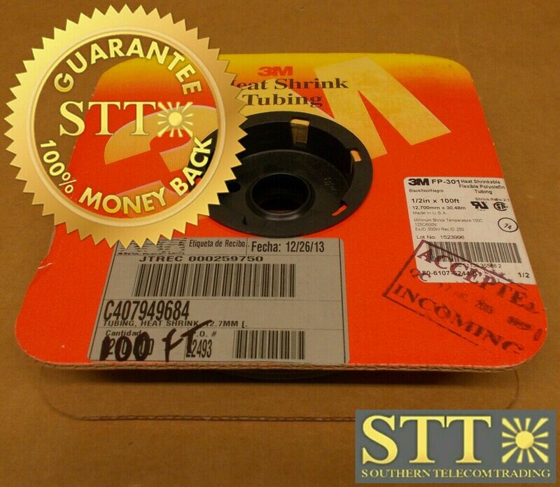FP-301 3M HEAT SHRINK TUBING 1/2 INCH X 100 FT BLACK 80-6107-5244-8 NEW - 90 DAY WARRANTY