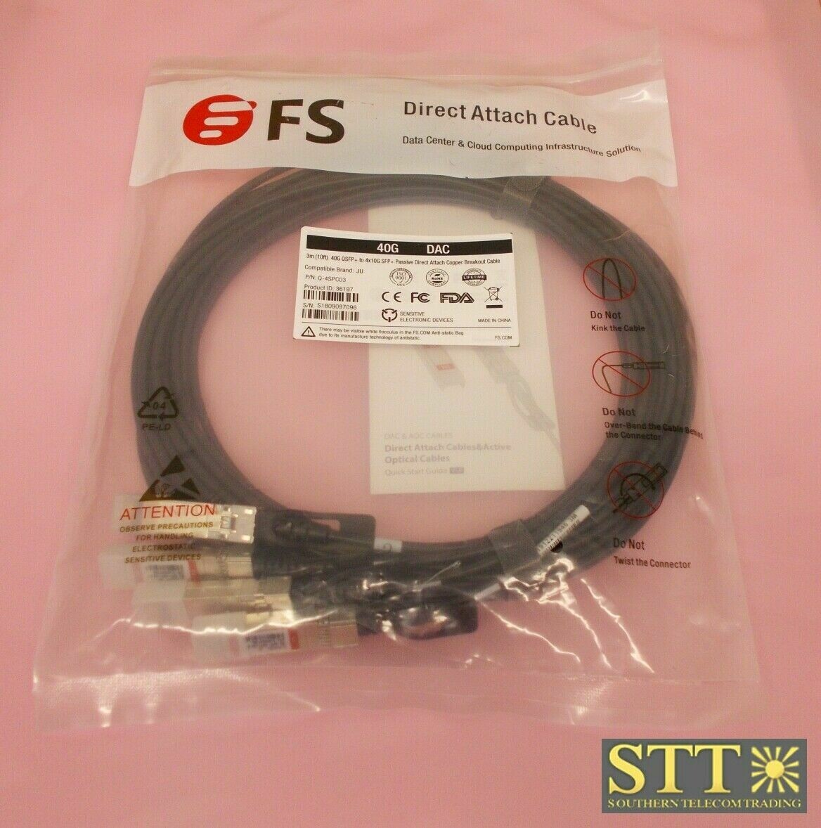 Q-4SPC03 FIBER STORE 40G QSFP+ TO 4X10G SFP+ DIRECT ATTACH CABLE 10FT NEW - 90 DAY WARRANTY