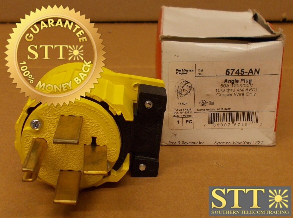 5745-AN PASS &amp; SEYMORE ANGLE PLUG 50A 125/250V 10/3 THRU 4/4 AWG FOR COPPER WIRE - NEW OPEN BOX - 90-DAY WARRANTY