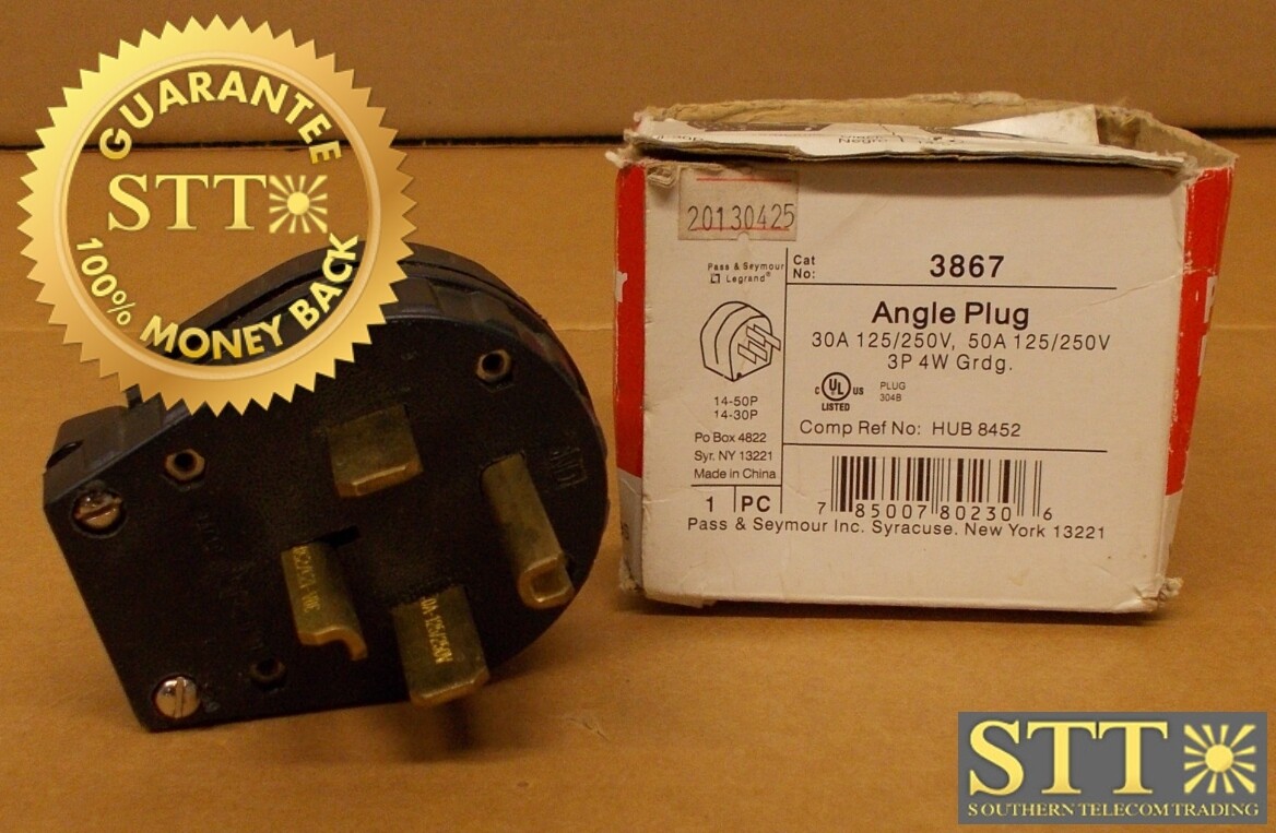 3867 PASS &amp; SEYMOUR ANGLE PLUG 30A 125/250V, 50A 125/250V 3P 4W GRDG NEW OPEN BOX - 90 -DAY WARRANTY