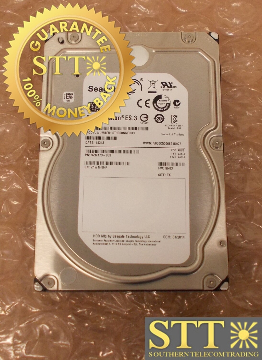 ST1000NM0033 SEAGATE CONSTELLATION ES.3 1TB 7.2K RPM 6G/S 128MB SATA 3.5&quot; HARD DISK DRIVE- USED  - 90- DAY WARRANTY