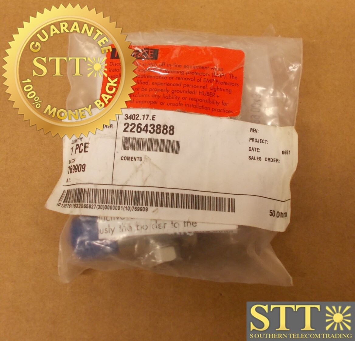 3402.17.E HUBER+SUHNER EMP PROTECTOR GDT UP TO 2.5GHZ 22643888 - NEW - 90 - DAY WARRANTY