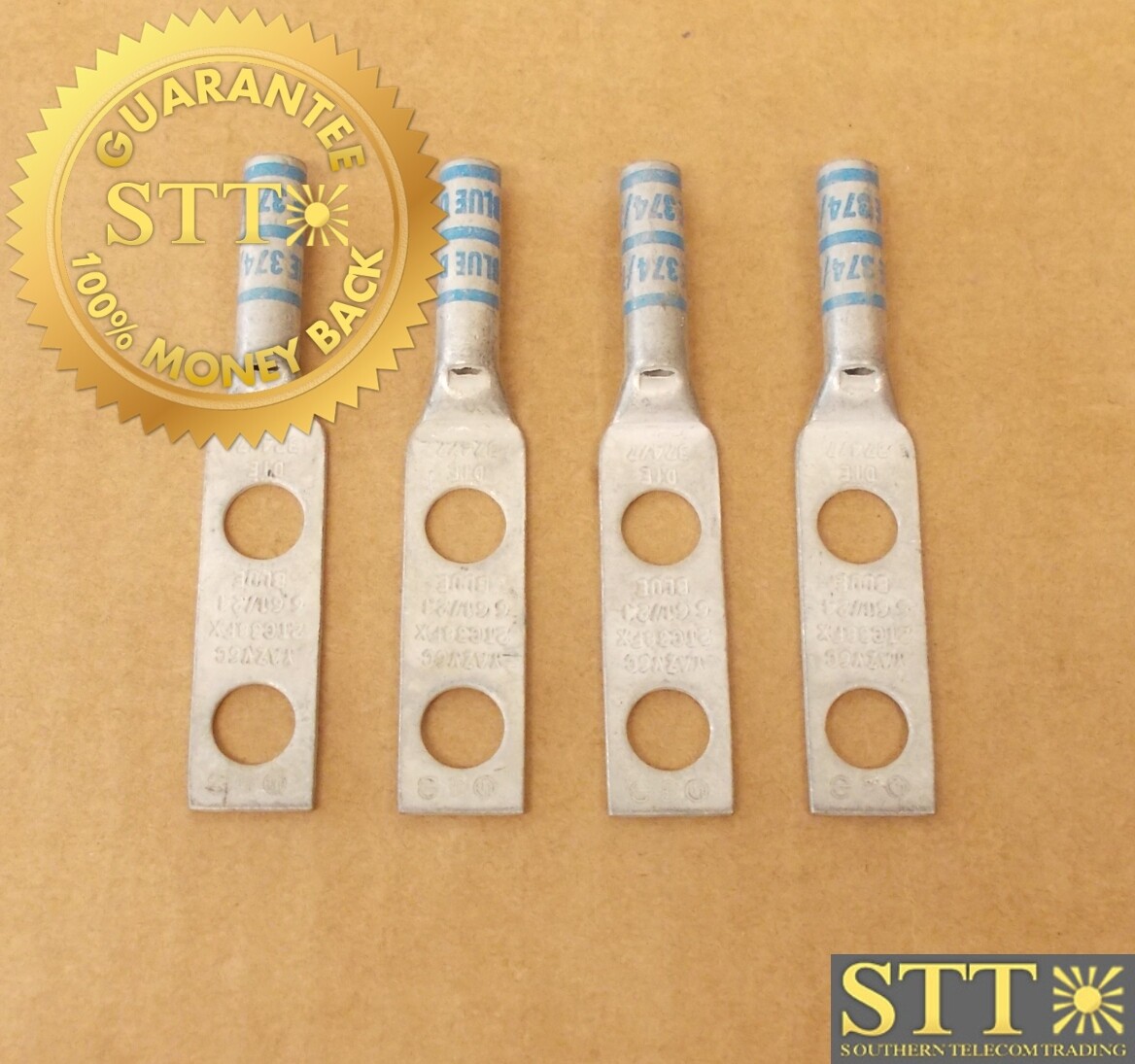 YAZV6C2TC38FX BURNDY 2 HOLE LUG #6 AWG LB 3/8&quot; STUD SIZE 1&quot; HOLE SPACING BLUE 374/7  (LOT OF 4) - NEW - 90 - DAY WARRANTY
