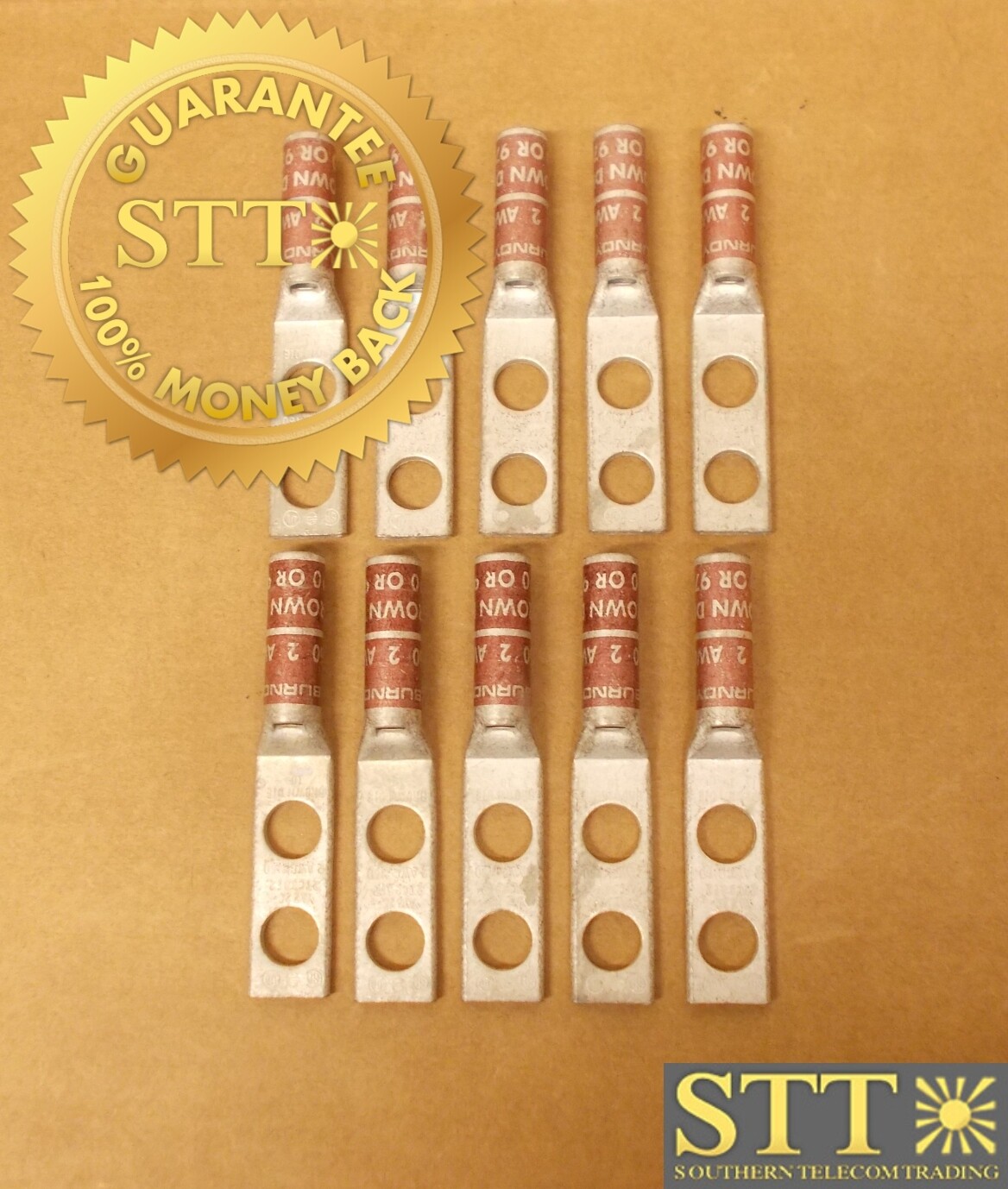 YAZ2C2TC38E2 BURNDY LUG 2 HOLE 3/8&quot; HOLE 3/4&quot; SPACING LONG BARREL BROWN ( LOT OF 10) - NEW - 90 - DAY WARRANTY