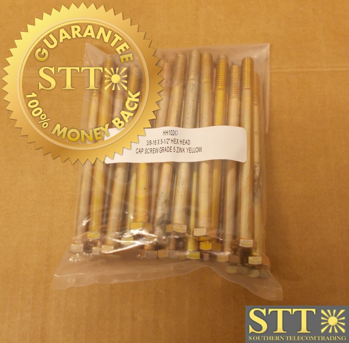 HH1020 CENTRAL STEEL 3/8-16X5-1/2&quot; HEX HEAD CAP BOLT GRADE 5 ZINC YELLOW(LOT OF 34) - NEW - 90 - DAY WARRANTY