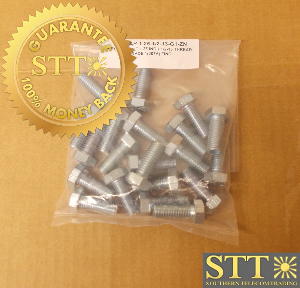 HEX CAP BOLT 1.25 INCH 1/2-13 THREAD GRADE 1 307A ZINC( LOT OF 21 ) - NEW - 90 - DAY WARRANTY