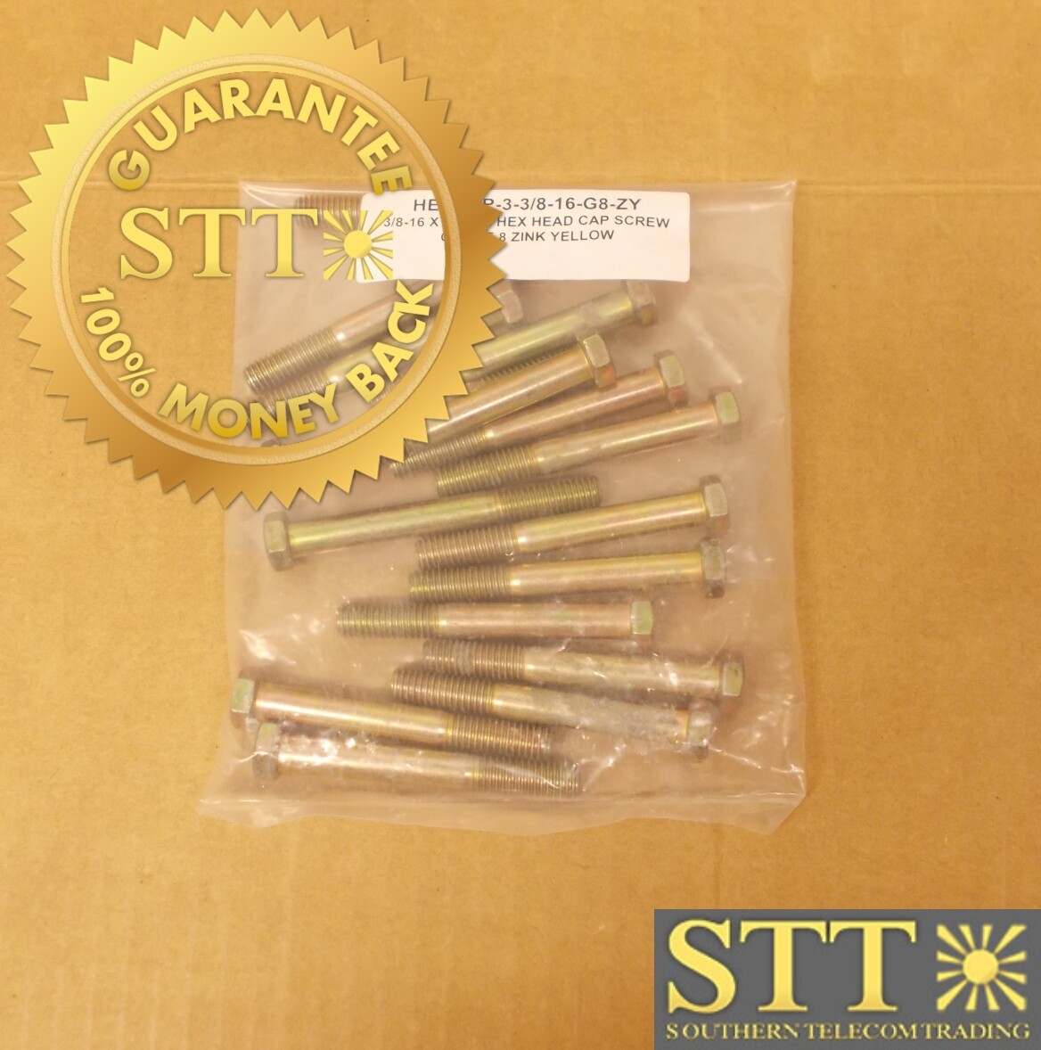 HEXCAP-3-3/8-16-G8-ZY 3/8-16 X 3 INCH HEX HEAD CAP BOLT GRADE 8 ZINC YELLOW( LOT OF 16 ) - NEW - 90 - DAY WARRANTY